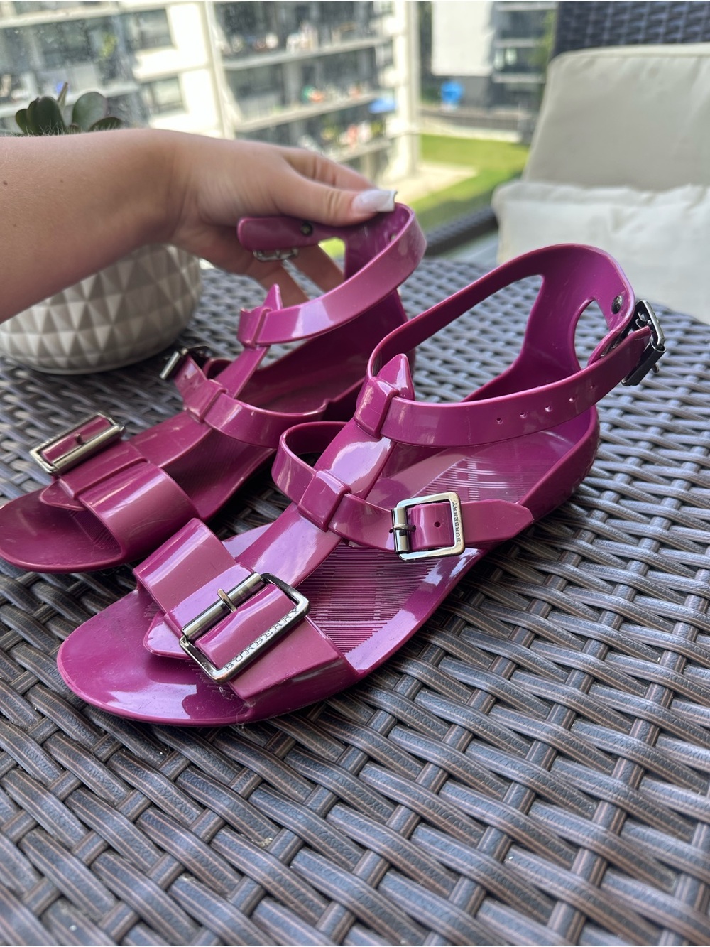 Burberry Magenta Buckle Jelly Sandals